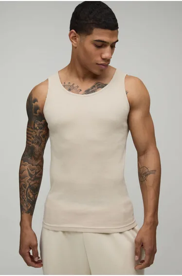 Basic Muscle Fit Ribbed Vest - stone