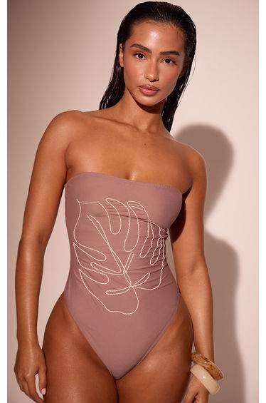 Taupe Leaf Embroidered Bandeau Swimsuit