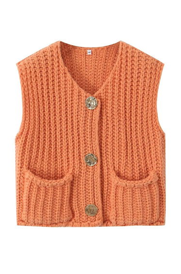 Bold Golden Buttons Patch Pocket Chunky Knit Vest in Orange
