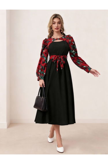Black A-Line Midi Dress with Floral Tie-Belt