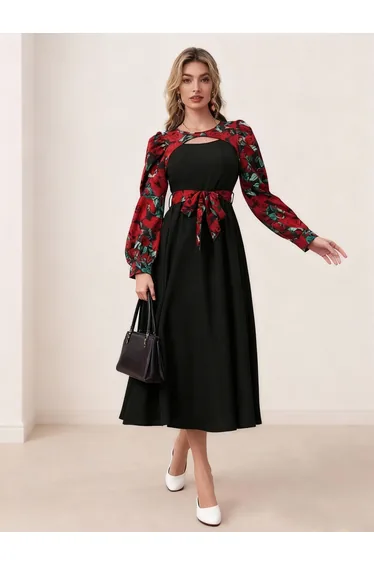 Black A-Line Midi Dress with Floral Tie-Belt