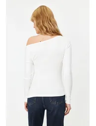 Ecru Premium Soft Fabric Fitted Boat Neck Knitted Blouse - 4