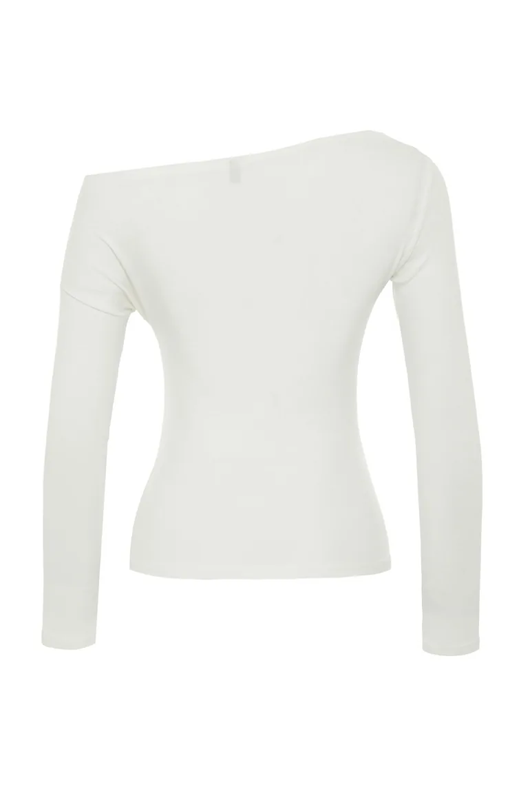Ecru Premium Soft Fabric Fitted Boat Neck Knitted Blouse - 6