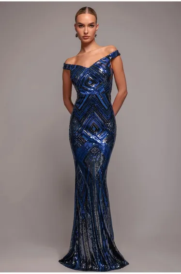 فستان ماكسي بنقشة هندسية مزين بالترتر بلا أكمام - أزرق