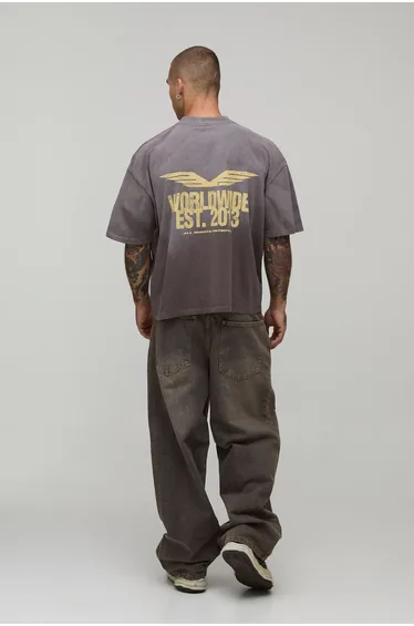 Washed Chocolate Oversized Printed Spray Wash T-Shirt - washed chocolate