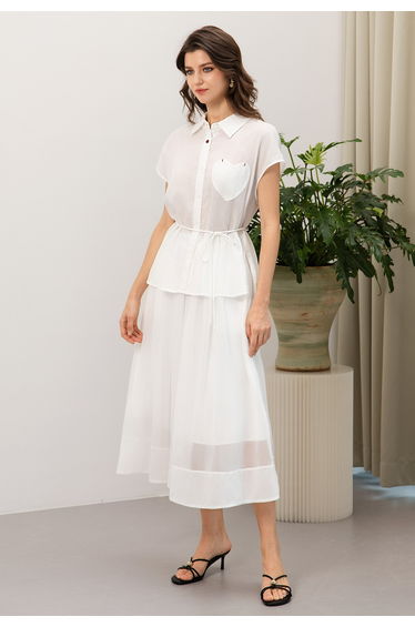 Buttoned Waist Side Pocket Pleated Midi Skirt in White