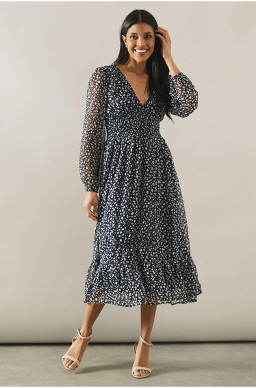 Printed V Neck Blouson Sleeve Midaxi Dress
