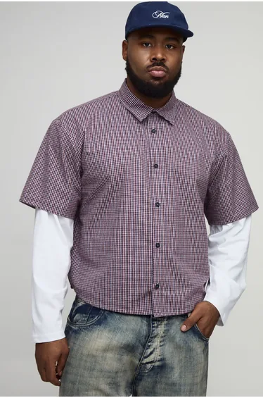 Plus Boxy Oversized Micro Check Faux Layer Shirt - red