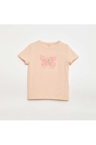 Short-Sleeved T-Shirt with Sequin Design PINK
