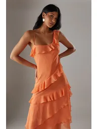 Chiffon Asymmetric Hem Ruffle Midi Slip Dress - 1