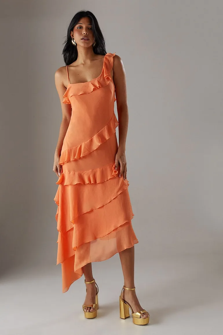 Chiffon Asymmetric Hem Ruffle Midi Slip Dress