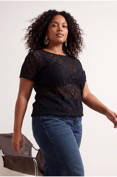 Black Lace Short Sleeve Knitted Plus Size Blouse