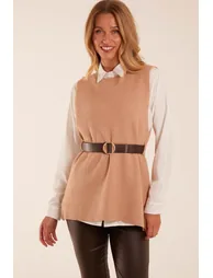 Rib Knit Vest With Blouse With Belt