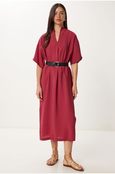 Women's Burgundy Belted Slit Summer Modal Dress