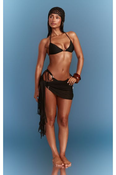 Black Knit Tassle Hem Mini Beach Sarong