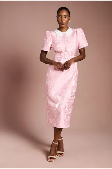 Puff Sleeve Collared Jacquard Midi Dress