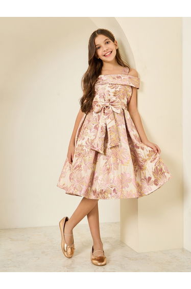 Girls Pink Floral Jacquard A-Line Pleated Dress