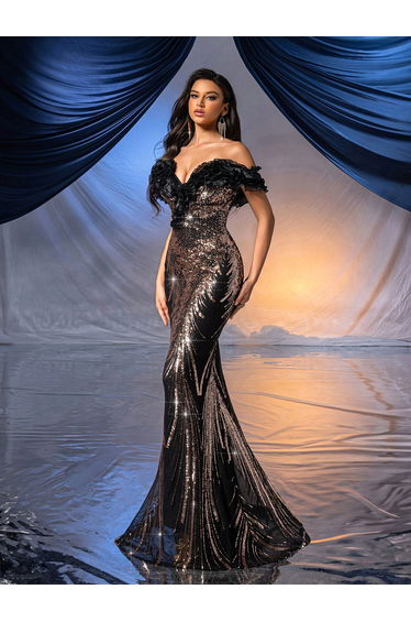 QOQ Women Gorgeous Sequin Evening Gown Fashion Formal Dress