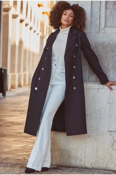 Black Longline Trench Coat With Faux Leather Trim