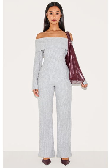 Petite Grey Ribbed Bardot Long Top