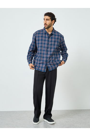 Men Navy Blue Oversized Checked Cotton Shirt