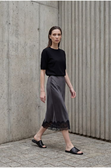 MY FASHION Lace Detailed Satin Midi Skirt