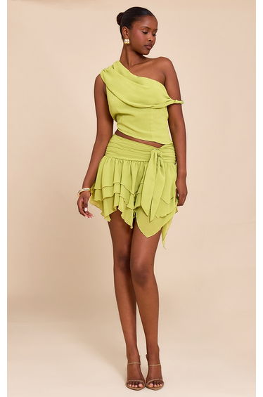 Green Drape Detail Asymmetric Chiffon Top