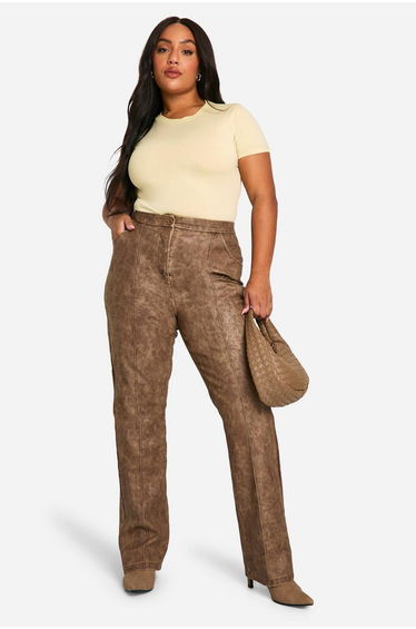 Plus Slim Fit Seam Detail Washed Pu Trouser - light brown