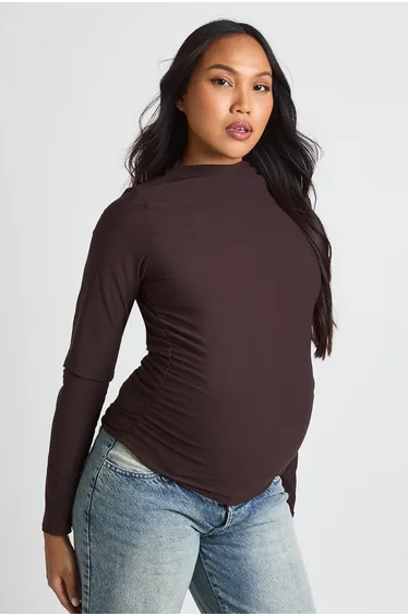 تيشيرت بوهو بني بأكمام طويلة - للحوامل