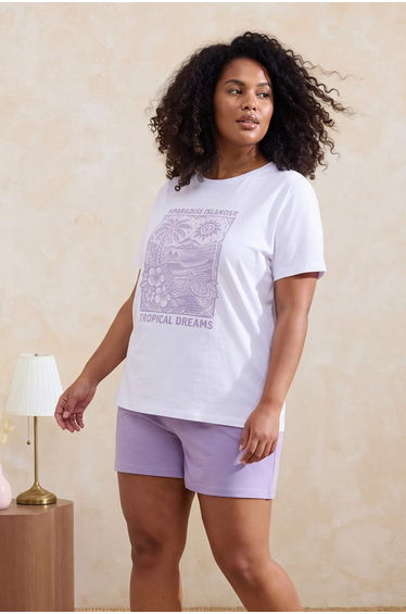 White-Lilac Printed Single Jersey Plus Size Pajama Set