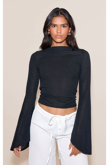 Black Textured Extreme Flute Sleeve Long Top