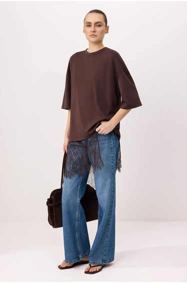 Brown Oversized /Wide Fit Low Sleeve Three Quarter Long Soft Knitted T-Shirt