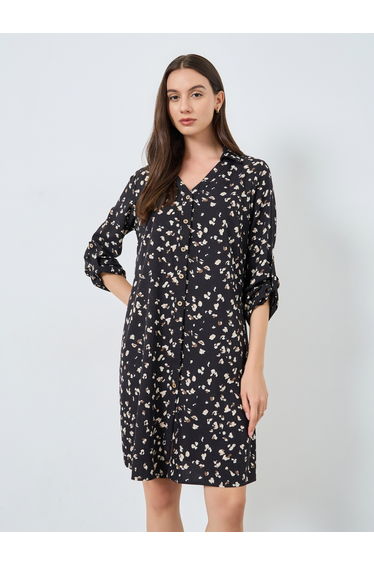 Black Graphic Print Knee-Length Shirt Dress