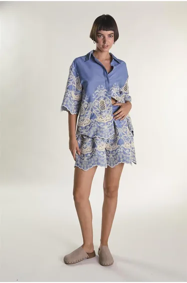 Embroidered Chambray High Rise Lined Shorts