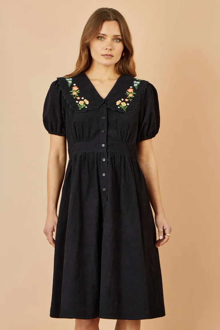 Yumi Black Long Sleeve Midi Dress With Floral Embroidery - 1