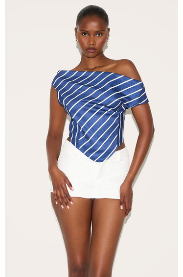 Indigo Blue Striped Satin Asymmetrical Sleeveless Top