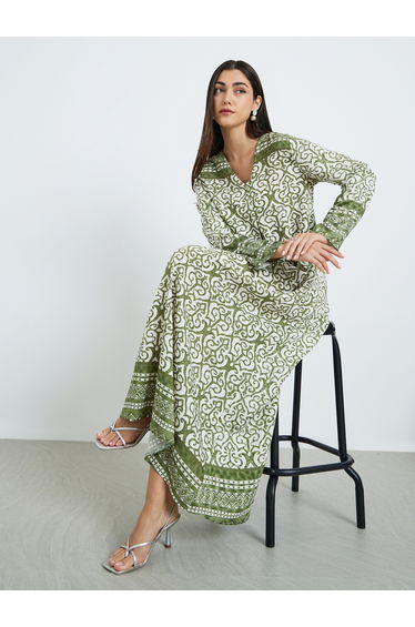 Green Printed Long Sleeve A-Line Jalabiya