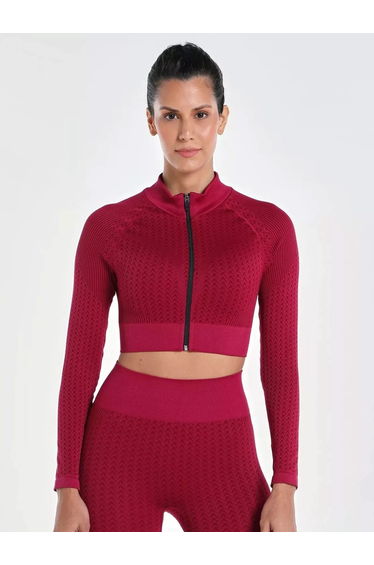 Women Burgundy Signature Seamless Crop Top with Zipper