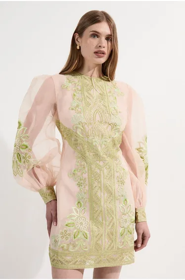 Embroidered Organdie Balloon Woven Mini Dress