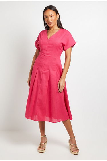 Pleated Waist Midi Linen Dress