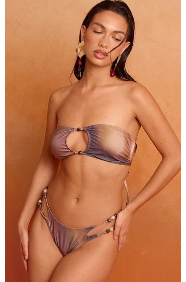 Multi Blurred Print Bead Trim Bandeau Bikini Top