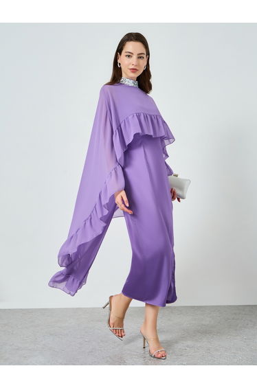 Women Ruffled Maxi Dress with Cape Sleeves