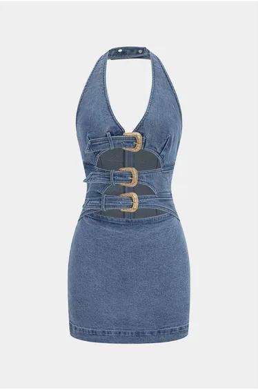 Denim Halter V-Neck Cut Out Buckle Backless Sleeveless Dress