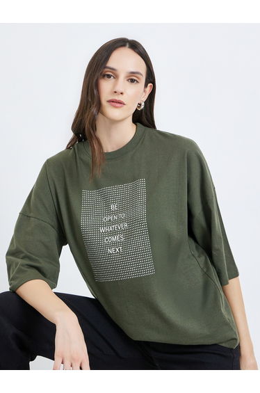 Green Slogan Oversized T-Shirt with 3/4 Sleeves