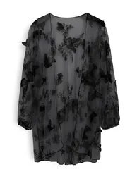 Halter Tied Ruffle Swimsuit with Mesh Kimono in Black - 4