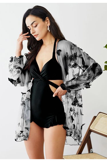 Halter Tied Ruffle Swimsuit with Mesh Kimono in Black