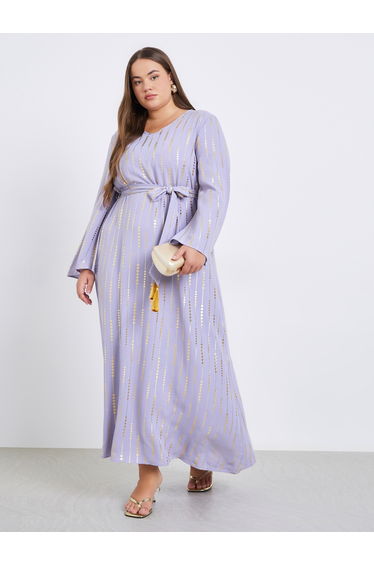 Plus Size Foil Print Waist-Tie Maxi Jalabiya