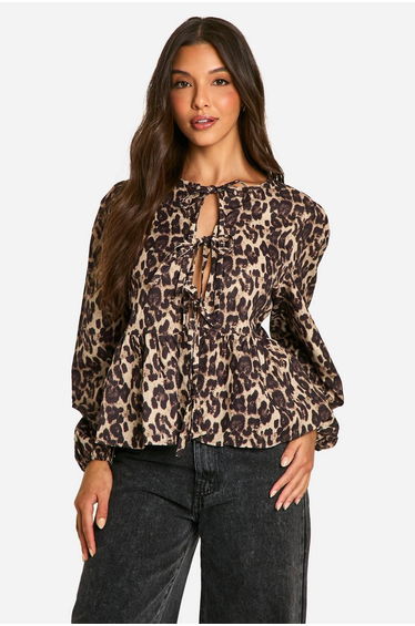 Leopard Tie Front Puff Long Sleeve Smock Top