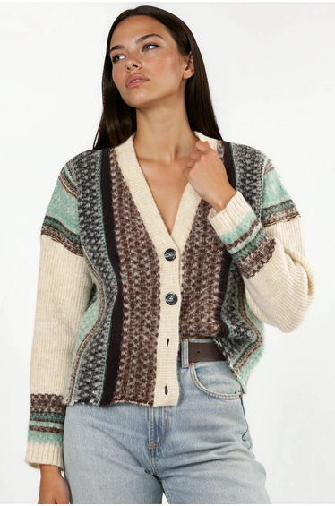 Oversized Soft Touch Patterned V-Neck Knit Cardigan