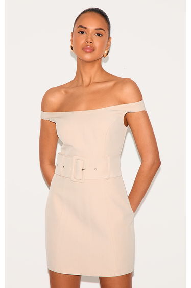 Almond Woven Off Shoulder Belt Detail Mini Dress